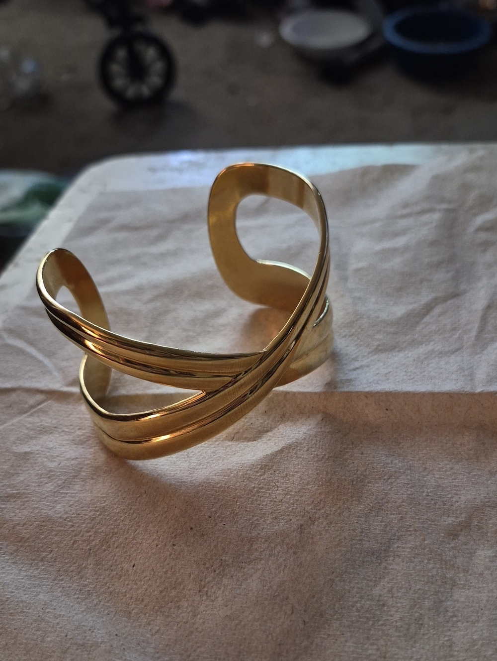 Gold Open Cuff Bracelet for Women - Polished Gold-Tone Crossed Bands